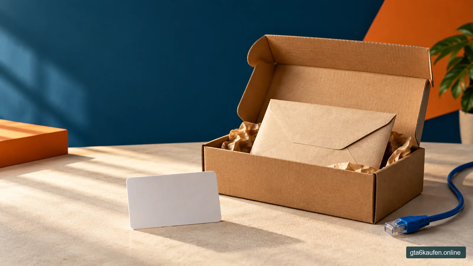 Symbolische Verpackung mit Papierkarte und Netzwerkkabel: Box und digitaler Zugang sind verschiedene Dinge.