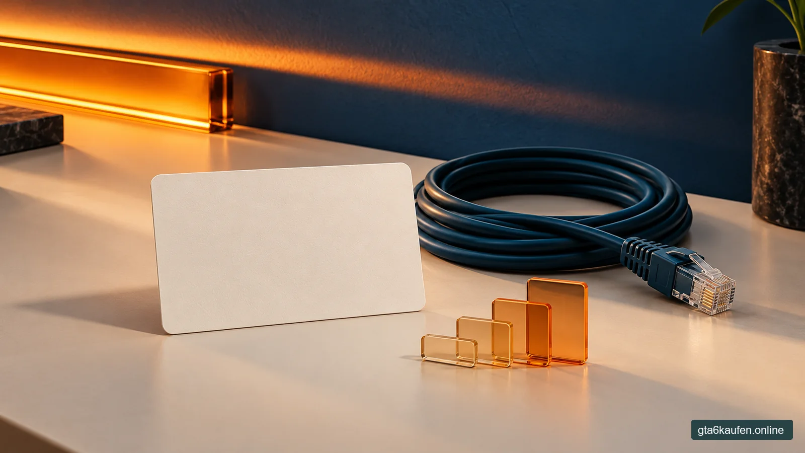 Netzwerkkabel, Lizenzkarte und Glasformen als Symbol für die digitale Übertragung.