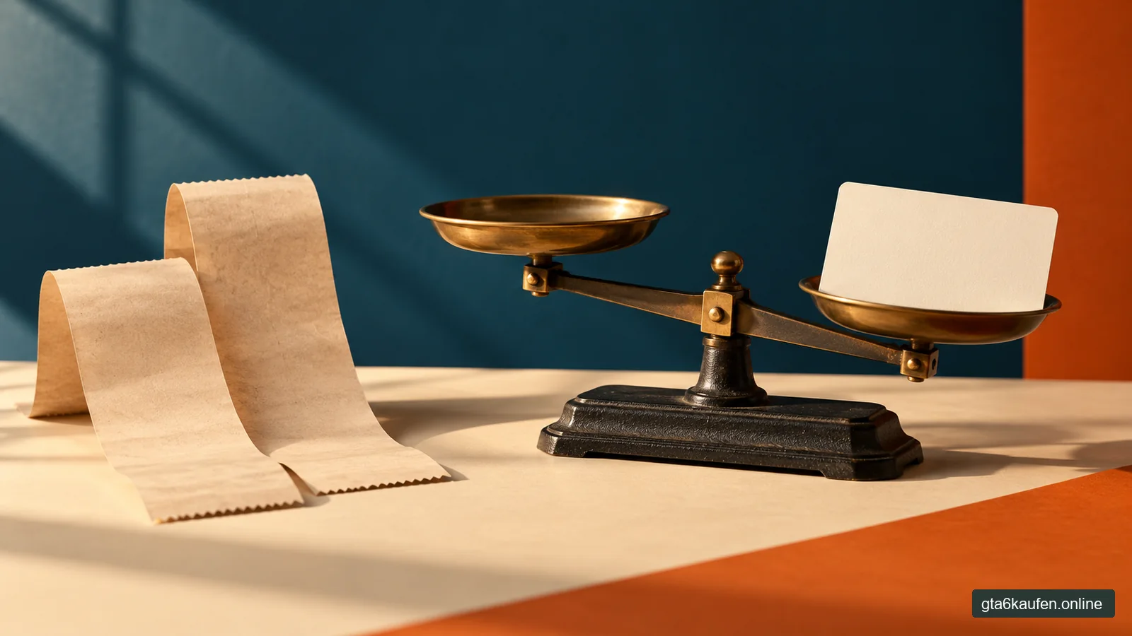 Waage, Papierstreifen und Lizenzkarte als Symbol für einen vollständigen Preisvergleich.